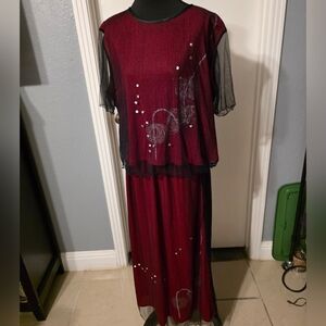 Red And Black Mesh Set Skirt And Top Set